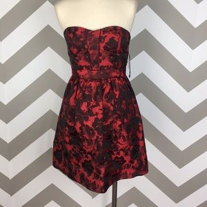 AQUA Red Strapless Floral Print Flare Dress 0